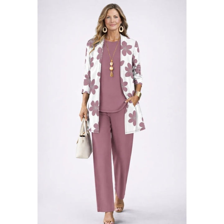 Completo da donna tre pezzi con cardigan stampato rosa chiaro