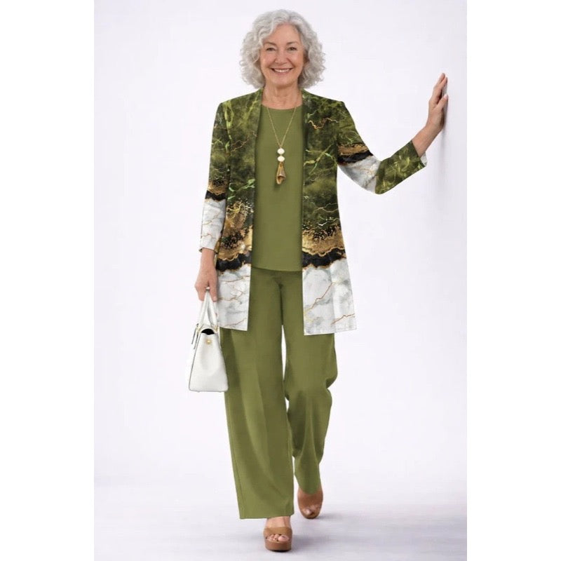 Completo da donna tre pezzi con cardigan stampato verde oliva