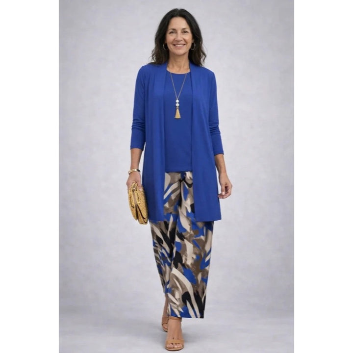Completo da donna tre pezzi con cardigan stampato blu