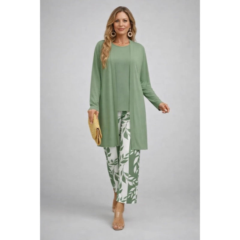 Completo da donna tre pezzi con cardigan stampato verde chiaro