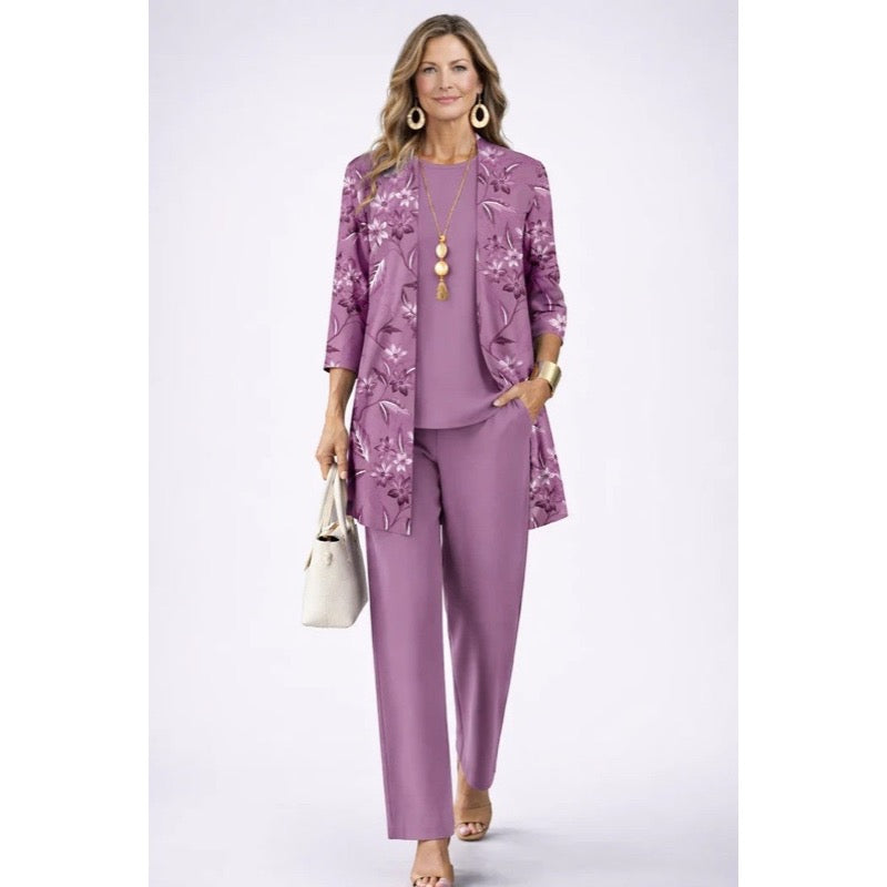 Completo da donna tre pezzi con cardigan stampato viola