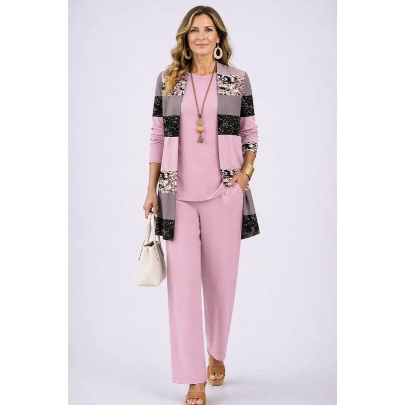 Completo da donna tre pezzi con cardigan stampato rosa