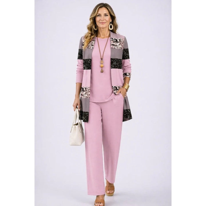 Completo da donna tre pezzi con cardigan stampato rosa