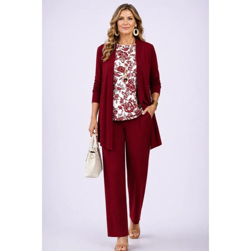 Completo da donna tre pezzi con cardigan stampato bianco e rosso