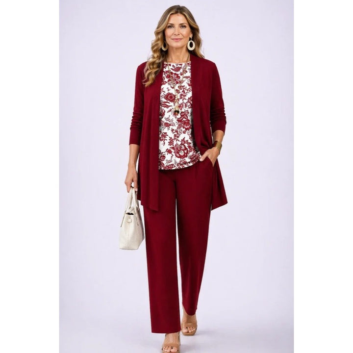 Completo da donna tre pezzi con cardigan stampato bianco e rosso