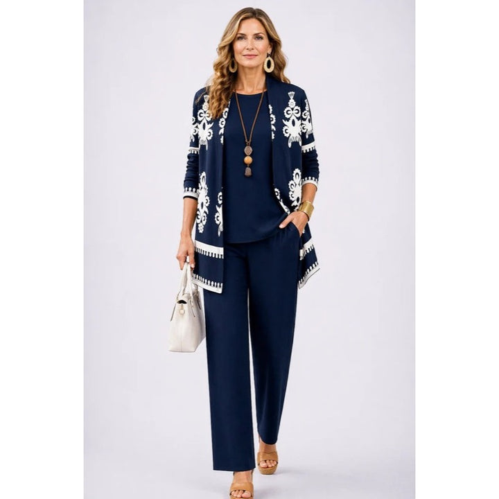 Completo da donna tre pezzi con cardigan stampato blu scuro