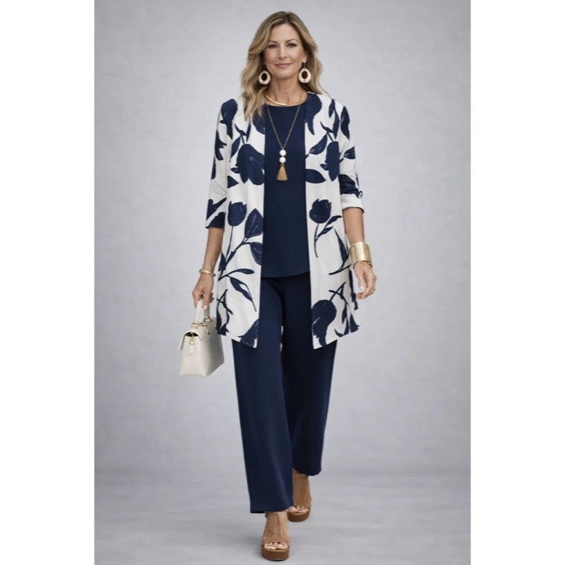 Completo da donna tre pezzi con cardigan stampato blu e bianco