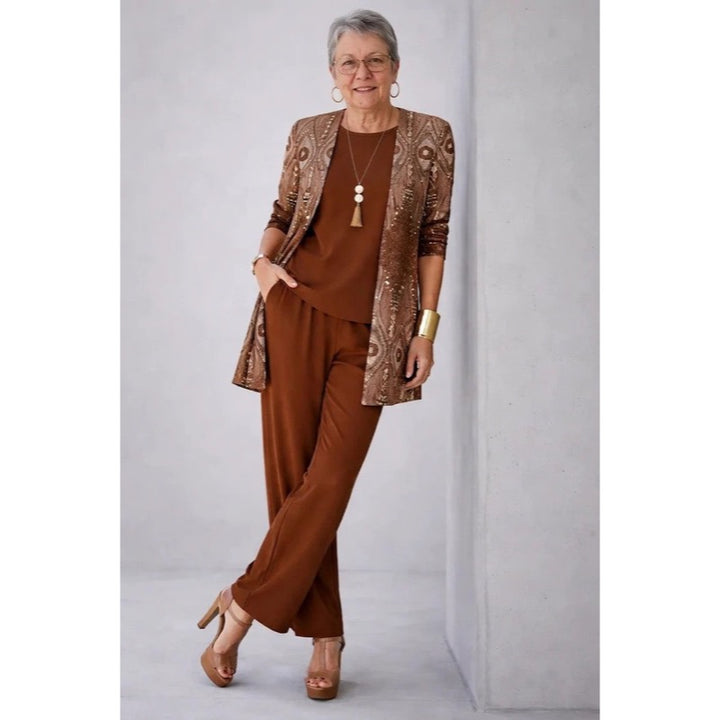 Completo da donna tre pezzi con cardigan stampato bordeaux