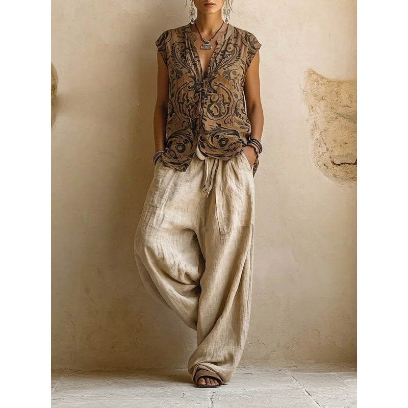 Completo da donna in tre pezzi con top stampato, cardigan lungo e pantaloni ampi beige – top stampato senza maniche