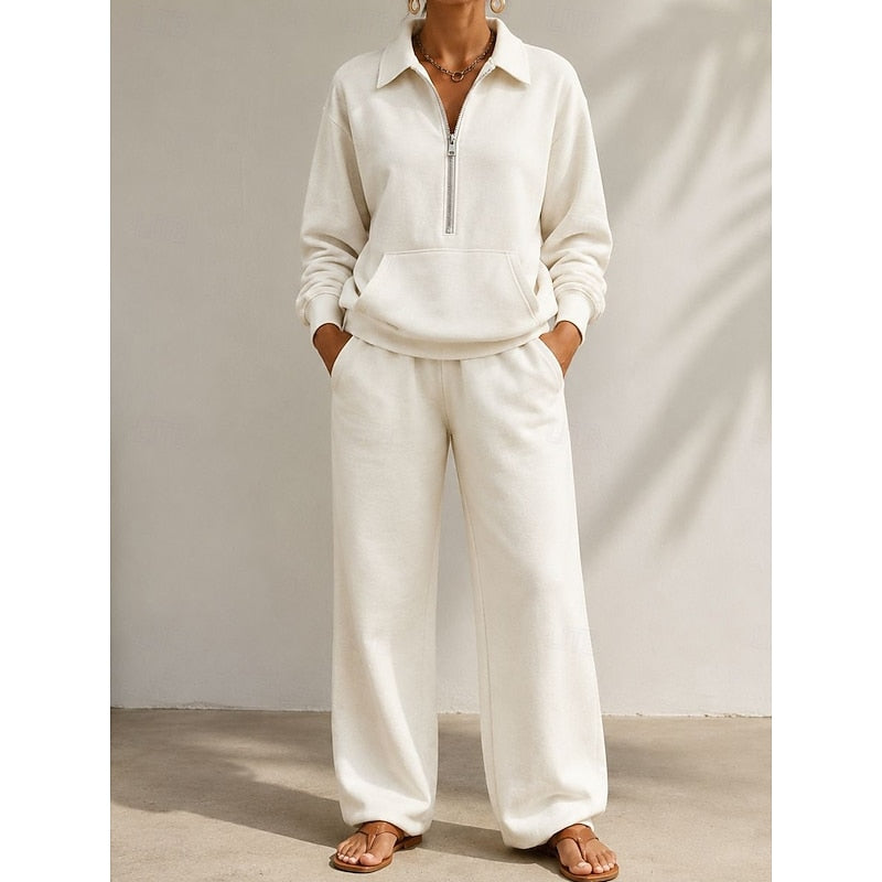 Damen-Set mit Sweatshirt mit halbem Reißverschluss und weit geschnittenen Hosen