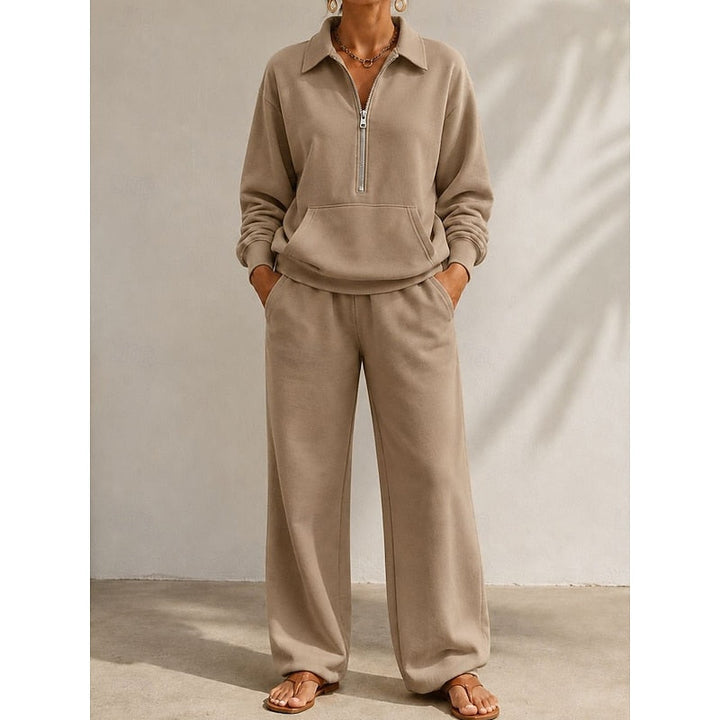 Completo donna con felpa a mezza zip e pantaloni a gamba larga marrone