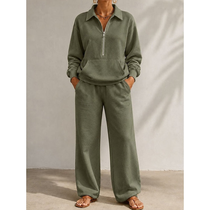 Completo donna con felpa a mezza zip e pantaloni a gamba larga verde