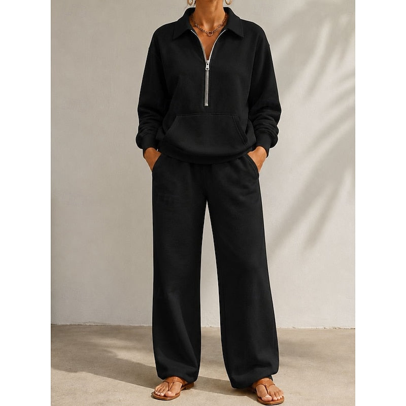 Completo donna con felpa a mezza zip e pantaloni a gamba larga nero