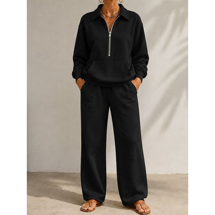 Completo donna con felpa a mezza zip e pantaloni a gamba larga nero