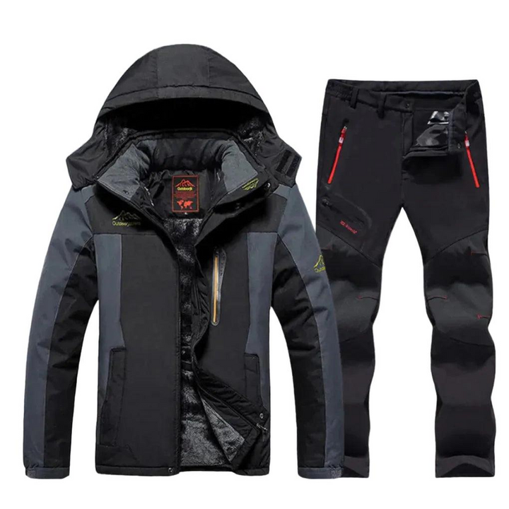 Completo da sci da uomo con giacca nera e grigia con cappuccio e pantaloni neri