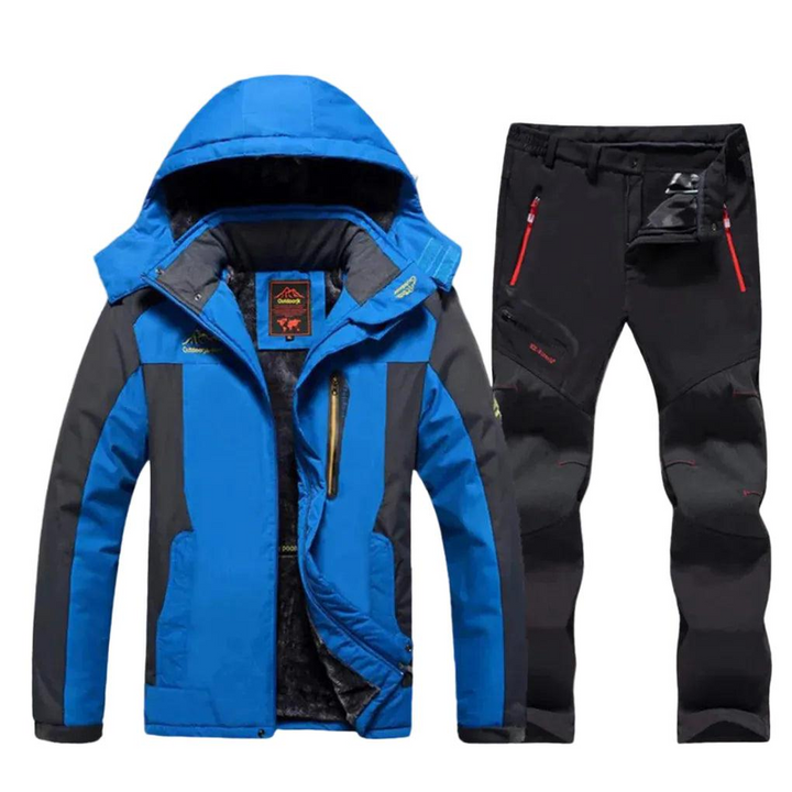 Completo da sci da uomo con giacca blu con cappuccio e pantaloni neri