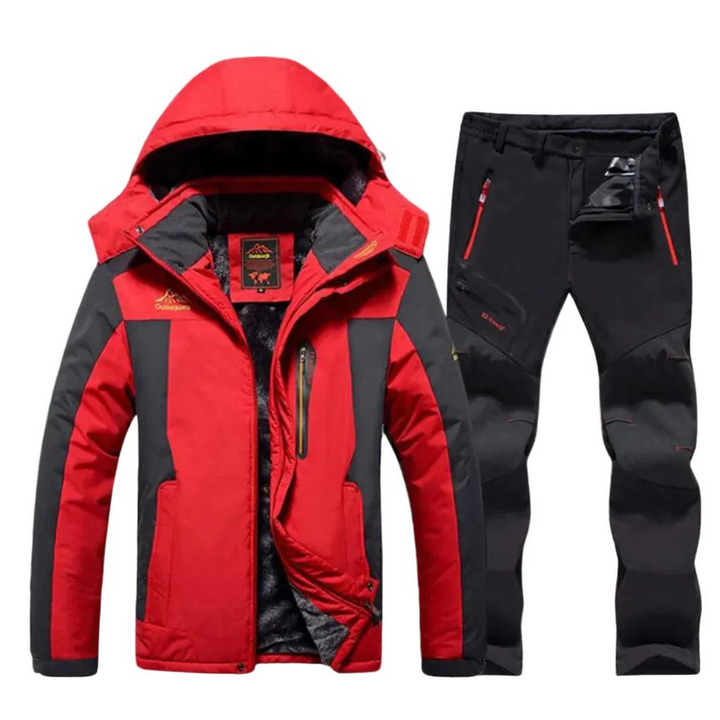 Completo da sci da uomo con giacca rossa con cappuccio e pantaloni neri