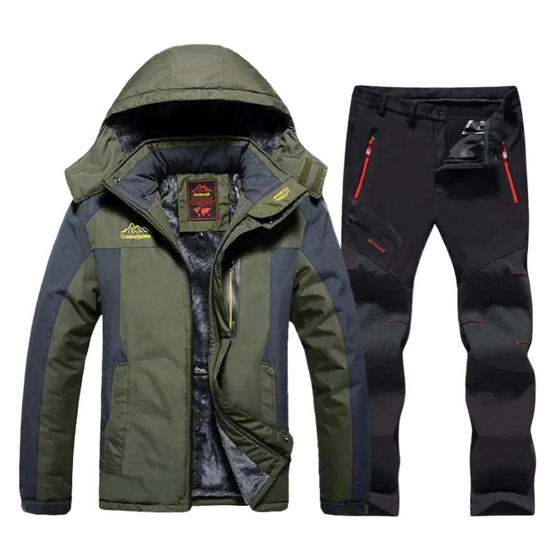 Completo da sci da uomo con giacca verde con cappuccio e pantaloni neri