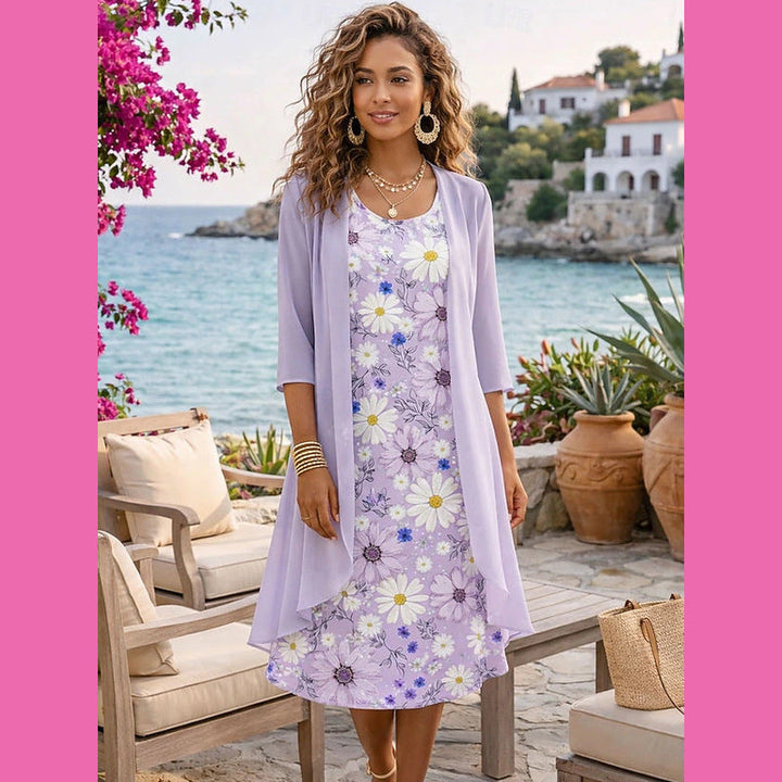 Viola floreale completo donna abito floreale con cardigan