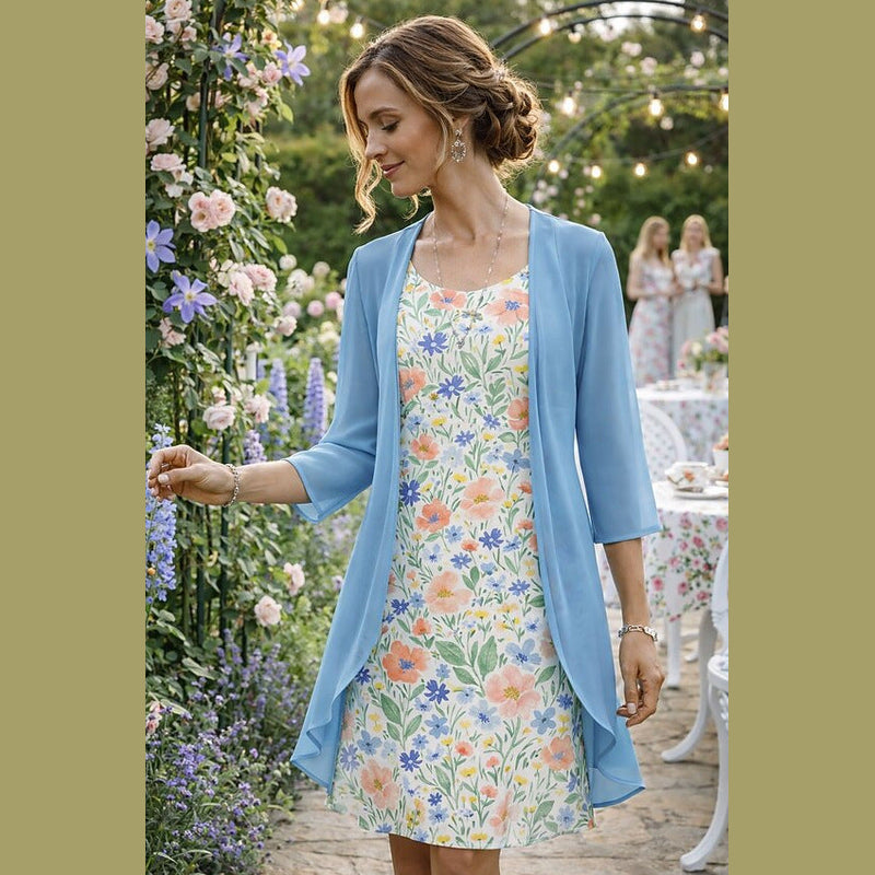 Azzurro completo donna abito floreale con cardigan