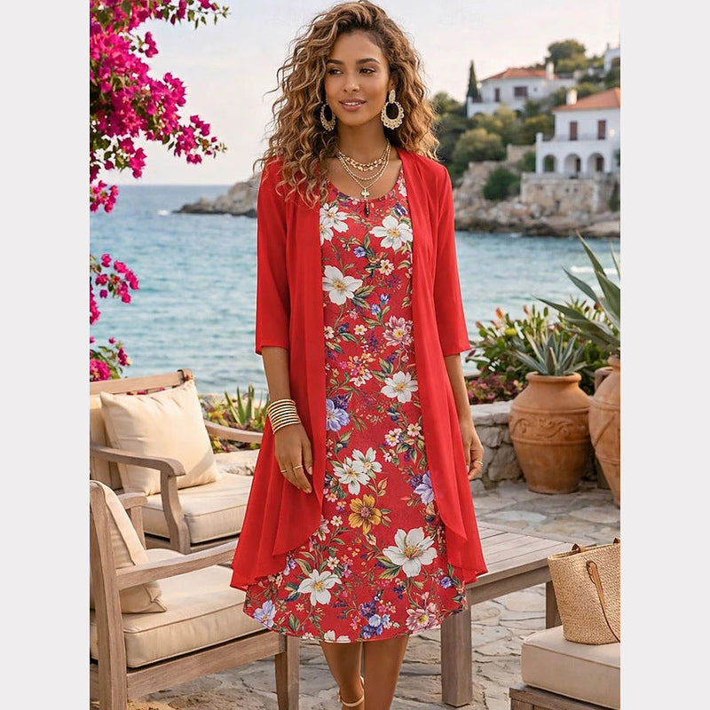 Rosso completo donna abito floreale con cardigan