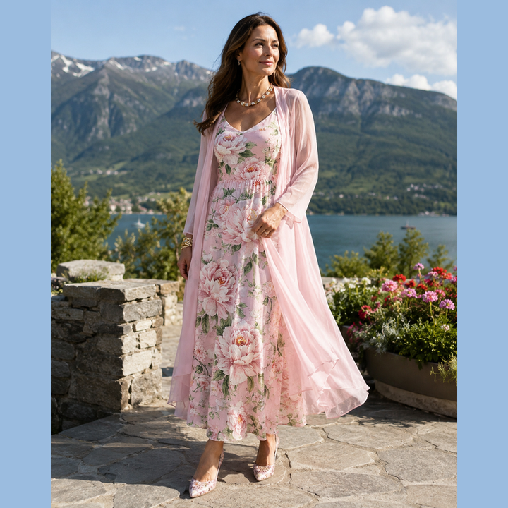 Rosa completo donna abito lungo floreale con cardigan