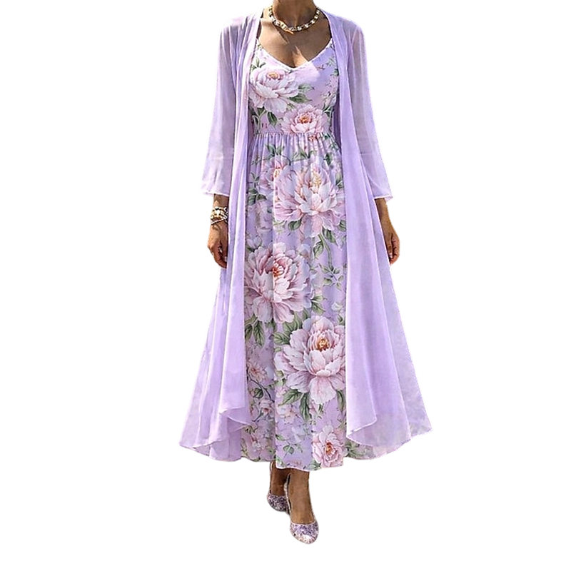 Viola completo donna abito lungo floreale con cardigan