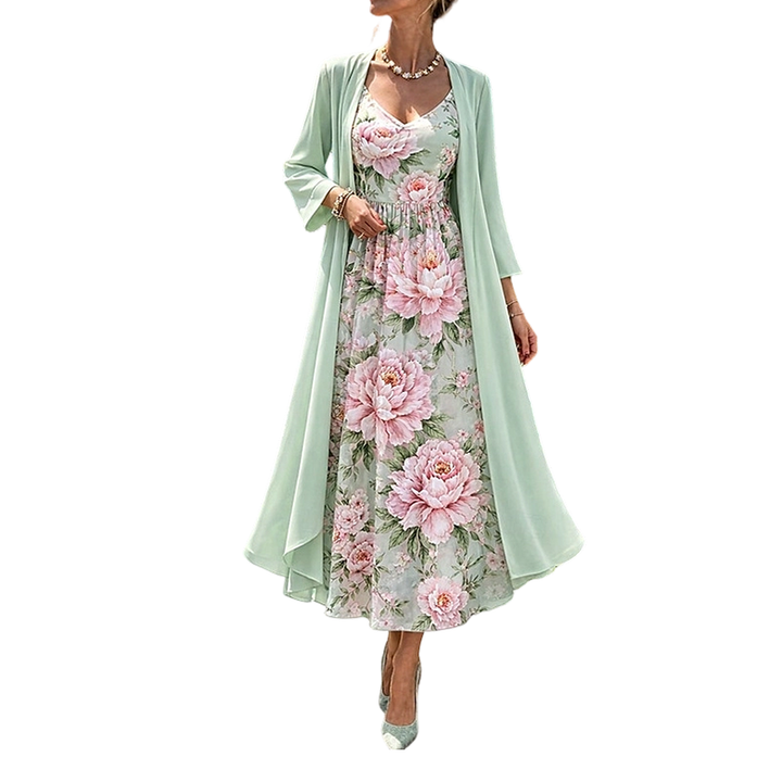 Verde completo donna abito lungo floreale con cardigan