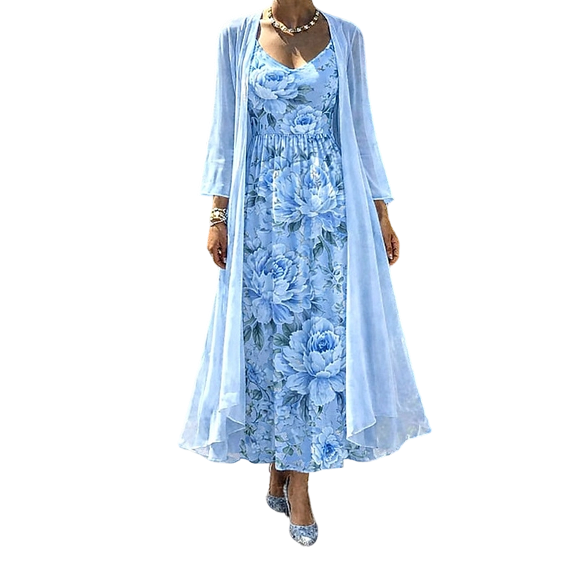 Blu completo donna abito lungo floreale con cardigan
