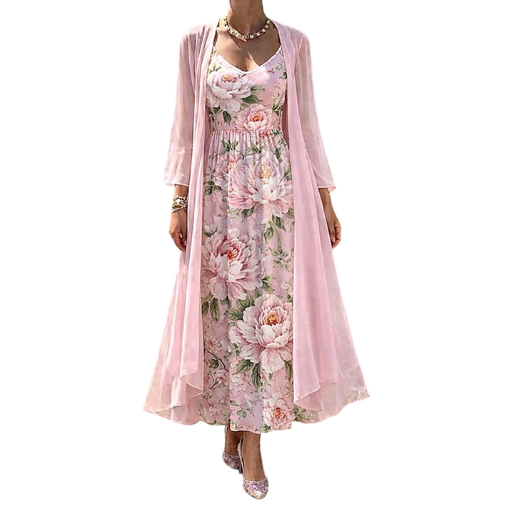 Rosa completo donna abito lungo floreale con cardigan – vista 2