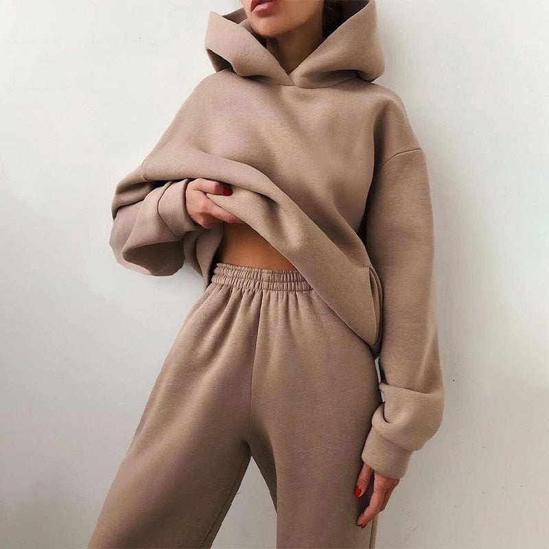 Completo Donna Felpa Cappuccio Pantaloni Casual Coordinato Quotidiano