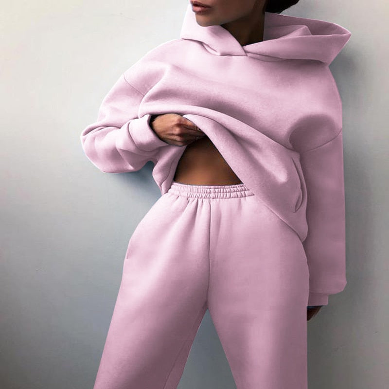 Completo Donna Felpa Cappuccio Pantaloni Casual Coordinato Quotidiano