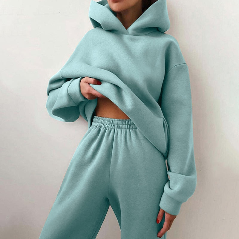 Completo Donna Felpa Cappuccio Pantaloni Casual Coordinato Quotidiano