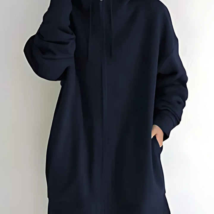 Felpa Donna Lunga con Cappuccio e Zip Intera in blu navy