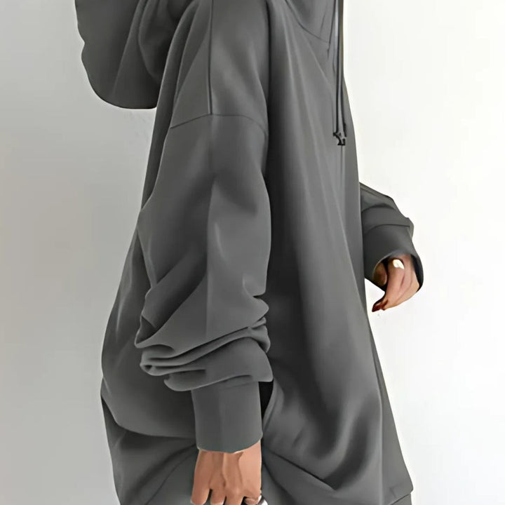 Felpa Donna Lunga con Cappuccio e Zip Intera in grigio, vista laterale