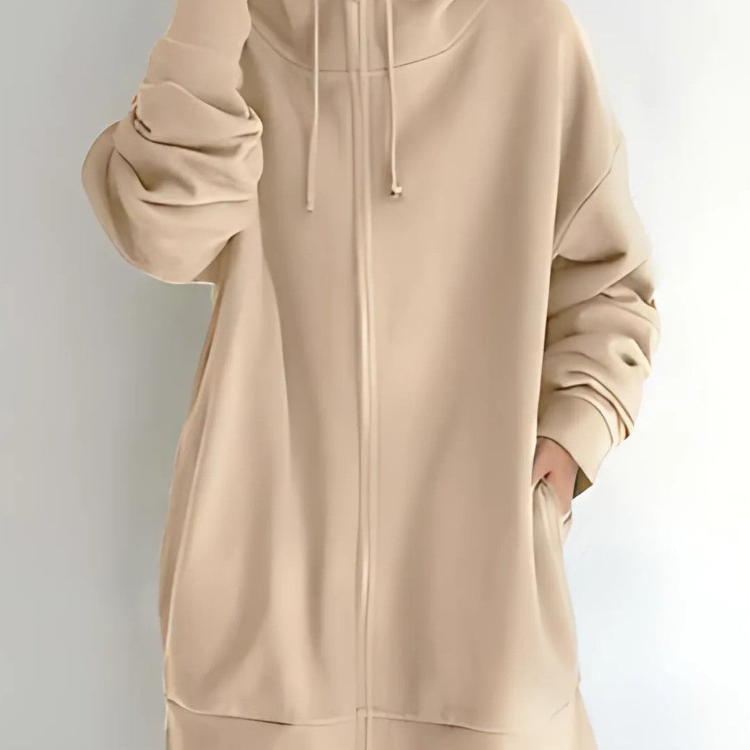 Felpa Donna Lunga con Cappuccio e Zip Intera in cachi