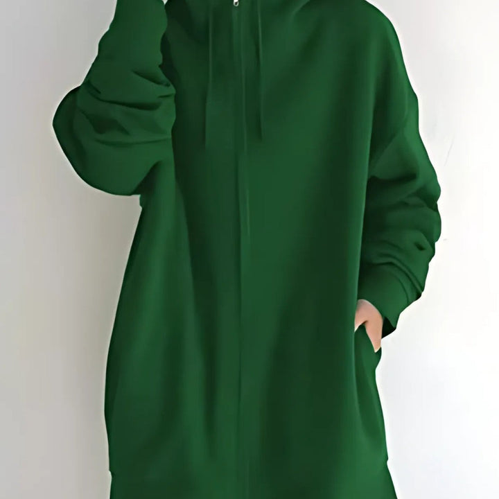 Felpa Donna Lunga con Cappuccio e Zip Intera in verde