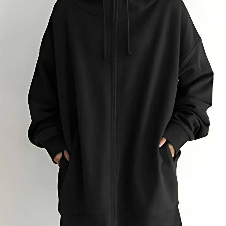 Felpa Donna Lunga con Cappuccio e Zip Intera in nero
