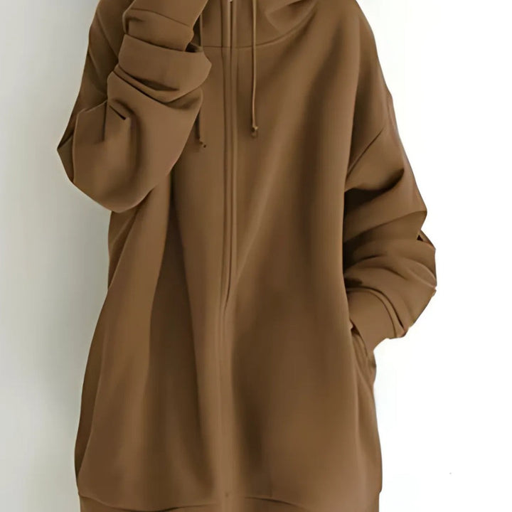Felpa Donna Lunga con Cappuccio e Zip Intera in marrone