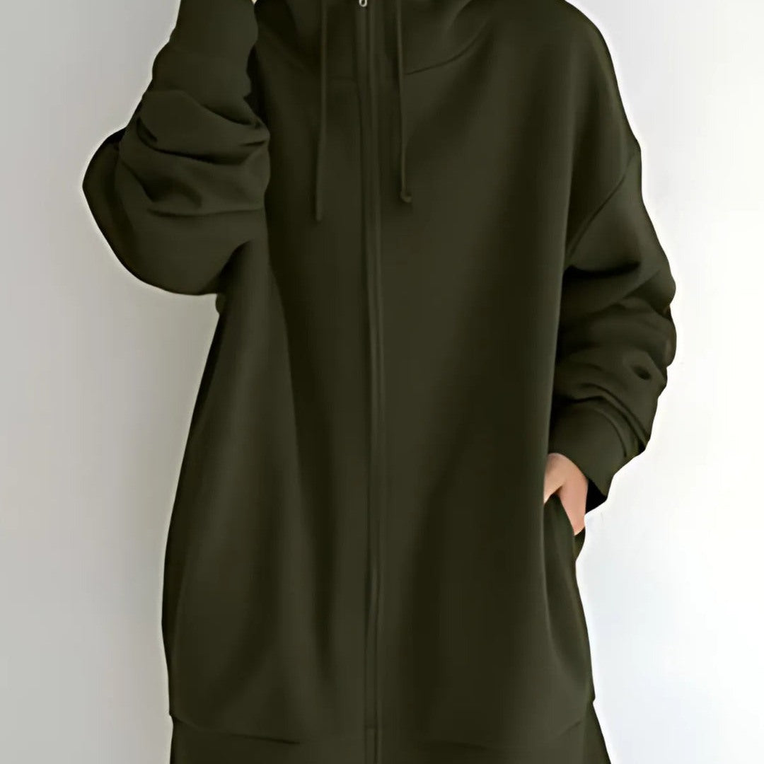Felpa Donna Lunga con Cappuccio e Zip Intera in verde oliva