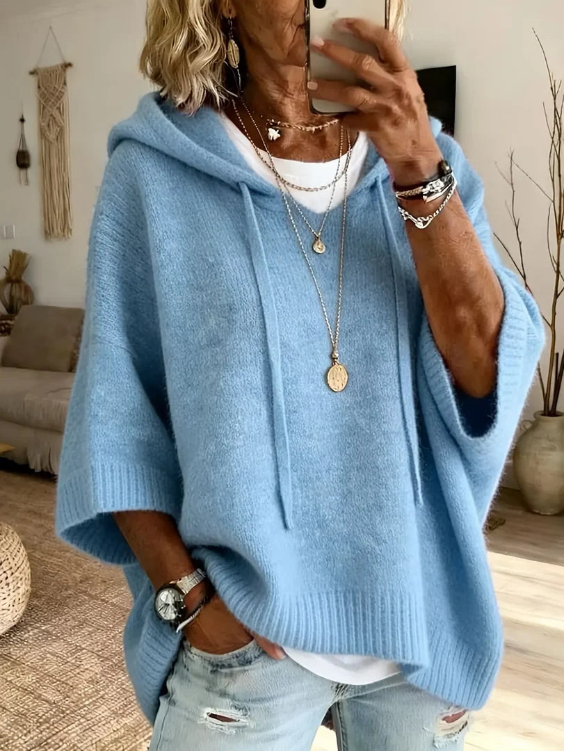 Felpa donna oversize con cappuccio in maglia azzurro