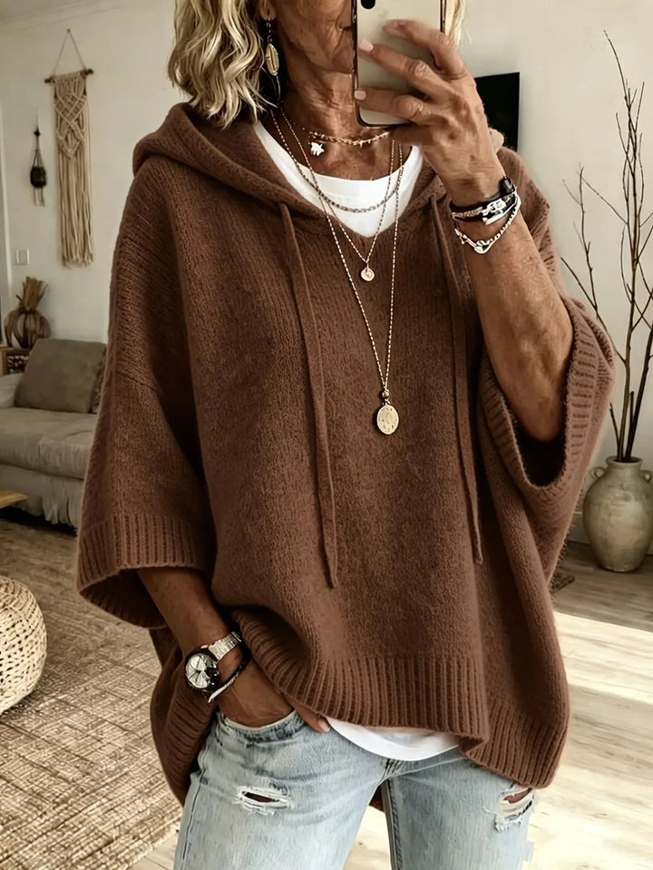 Felpa donna oversize con cappuccio in maglia marrone