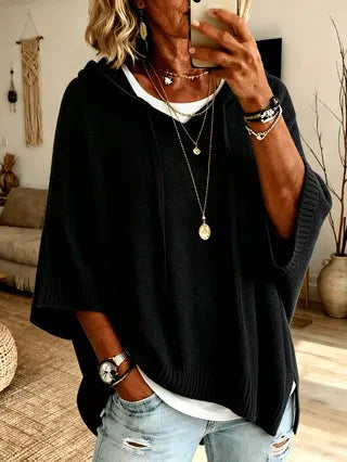 Felpa donna oversize con cappuccio in maglia nero