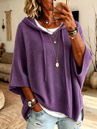 Felpa donna oversize con cappuccio in maglia viola