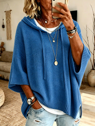 Felpa donna oversize con cappuccio in maglia blu