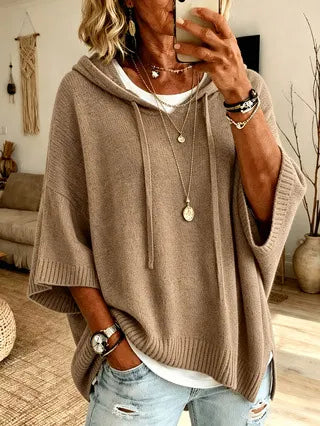 Felpa donna oversize con cappuccio in maglia cachi