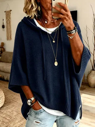 Felpa donna oversize con cappuccio in maglia blu navy