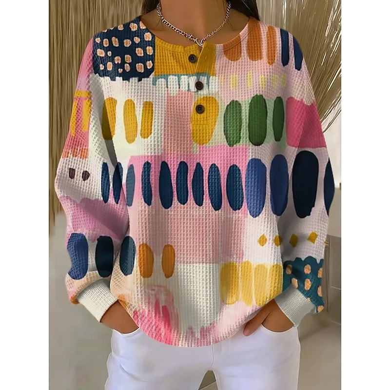 Damen-Sweatshirt mit Knöpfen am Kragen und farbigem Aufdruck