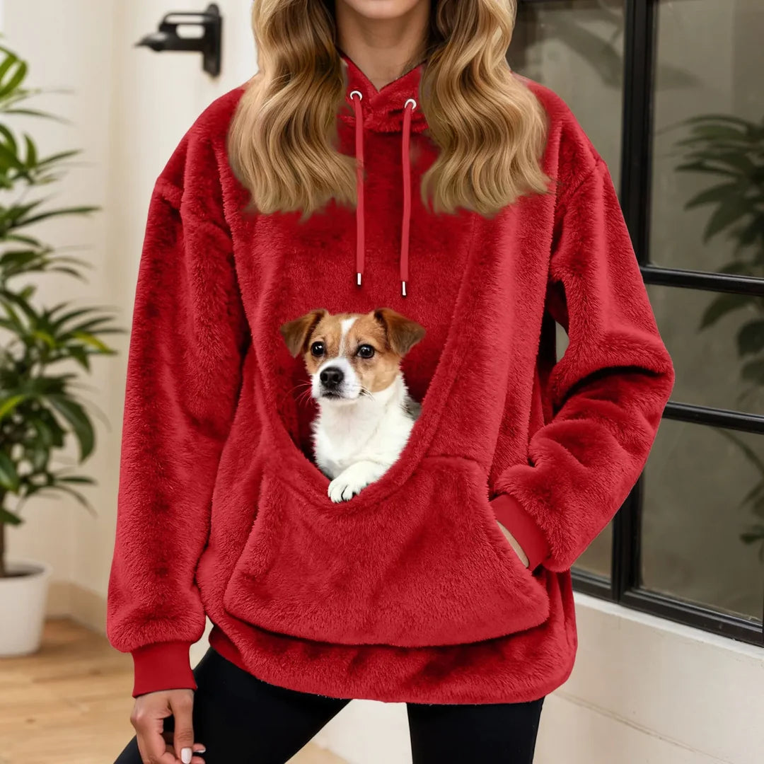 Felpa donna con cappuccio e tasca per animali rosso