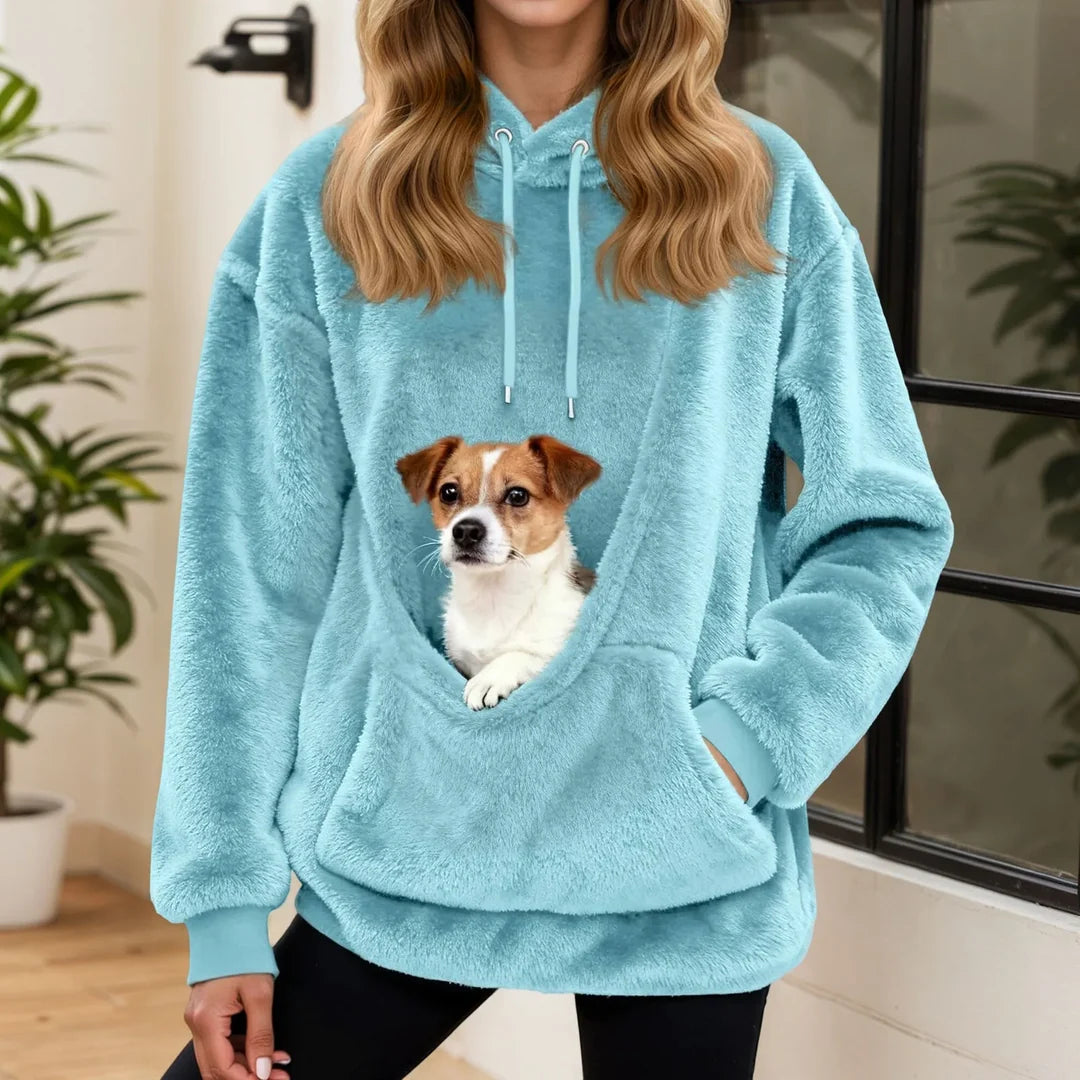 Felpa donna con cappuccio e tasca per animali azzurro